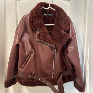 Zara burgundy faux fur leather biker jacket - Color of the Season